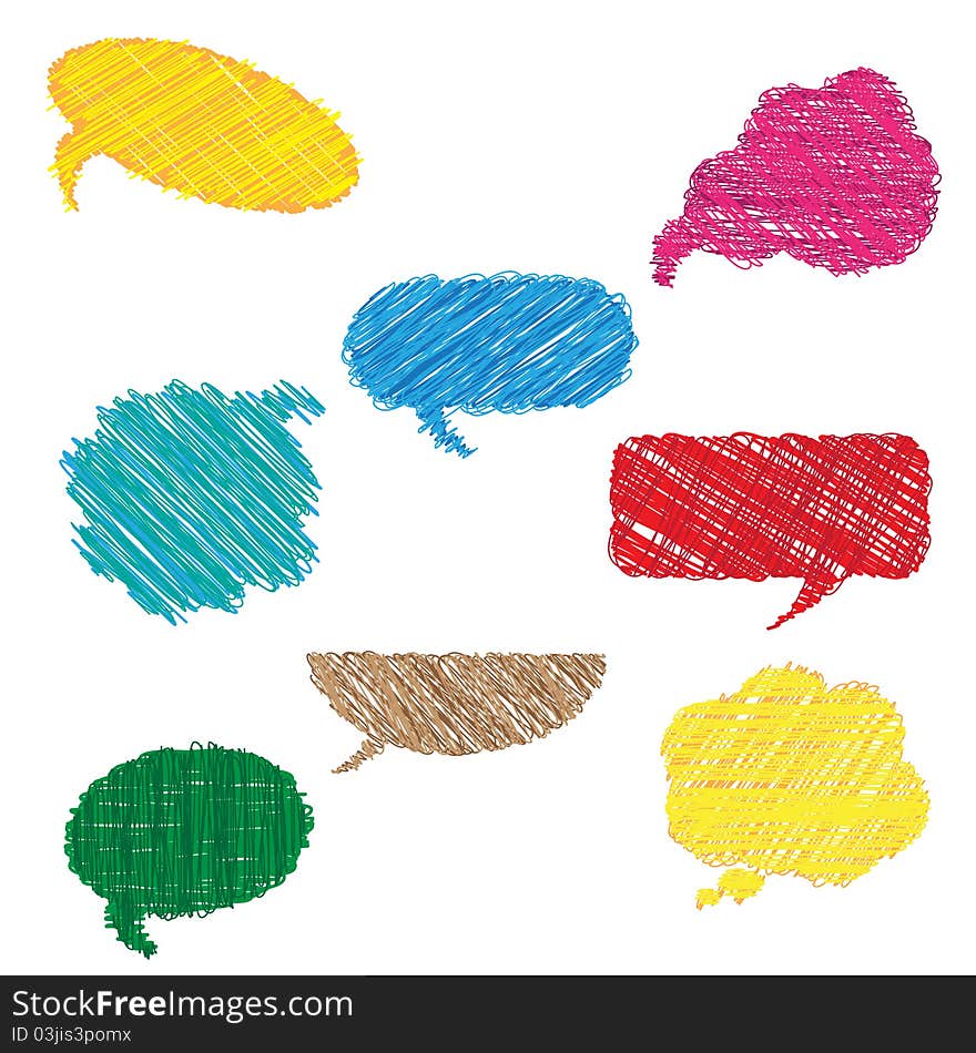 Multicolor hand drawn speech bubbles isolated on white