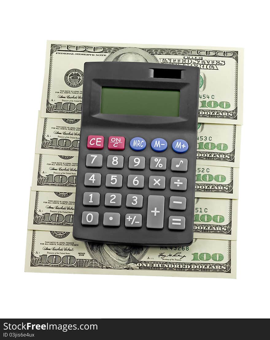 Calculator and dollars isolated on a white background