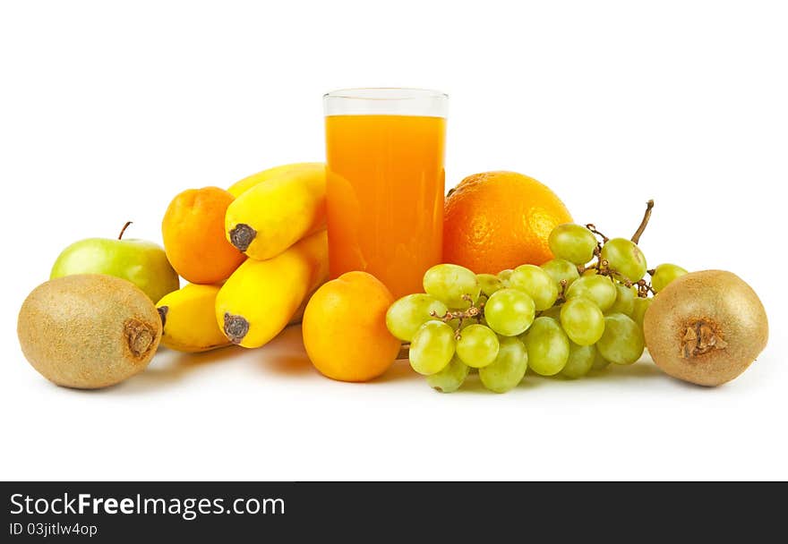 Collection from many fruits and jusices in glasses on white