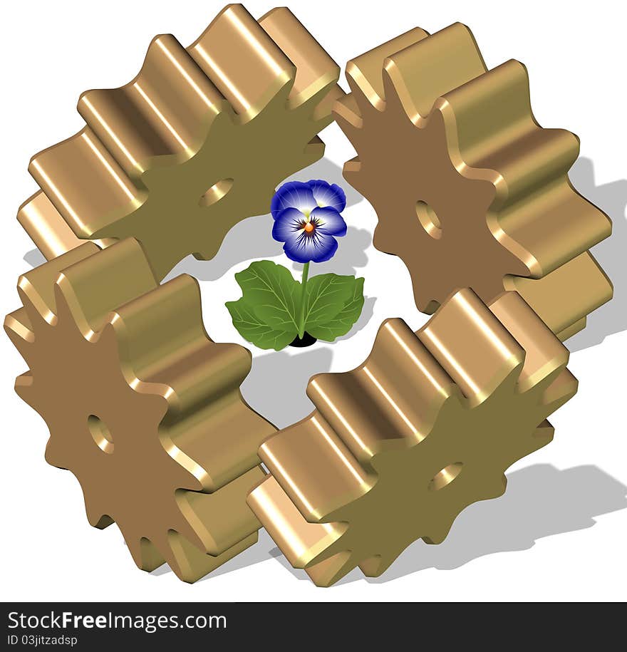 Four gear wheels surrounding a blue pansy flower on the white background. Four gear wheels surrounding a blue pansy flower on the white background