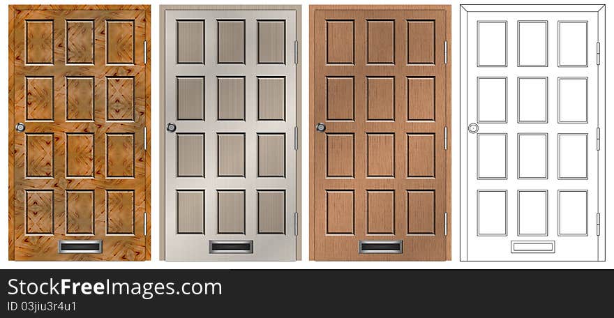 A set of main entry house door in four different designs and textures. A set of main entry house door in four different designs and textures