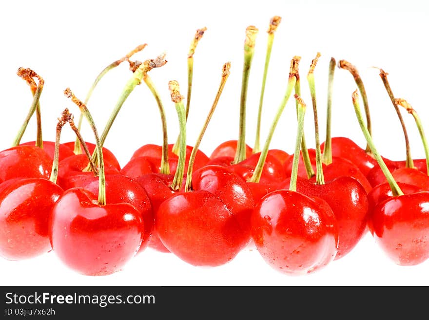 Cherries with Dewdrops on White Background