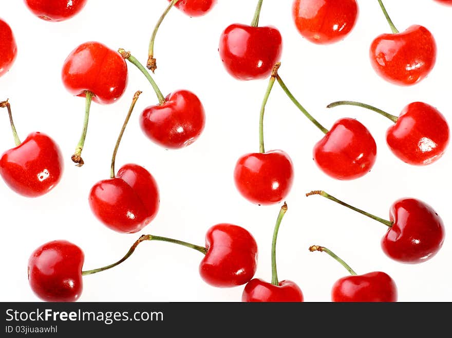 Cherries with Dewdrops on White Background