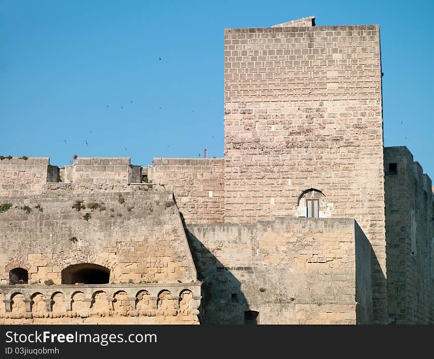 Old castle in Italy. Stone tower and walls