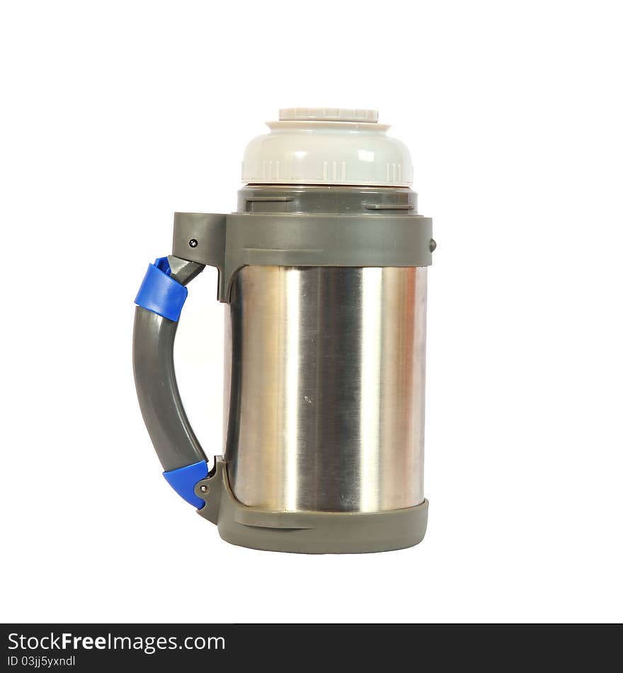 Metal thermos on a white background.