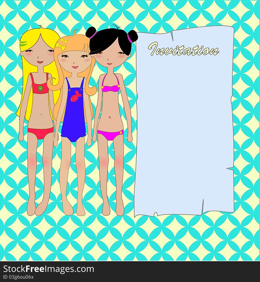 Vector Illustration of cute summer frame with pretty little girls. Good for greeting card and invitation. Vector Illustration of cute summer frame with pretty little girls. Good for greeting card and invitation