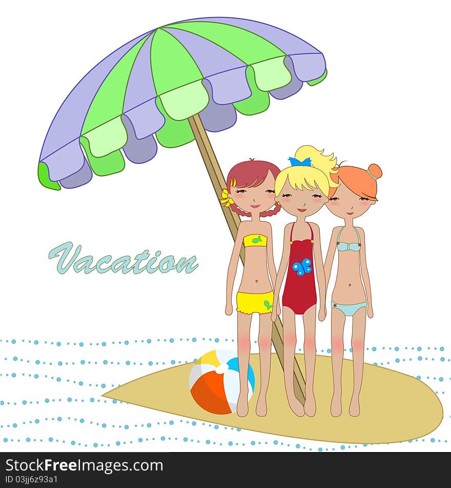 Vector Illustration of cool Kiddie style design summer background with three funny girls