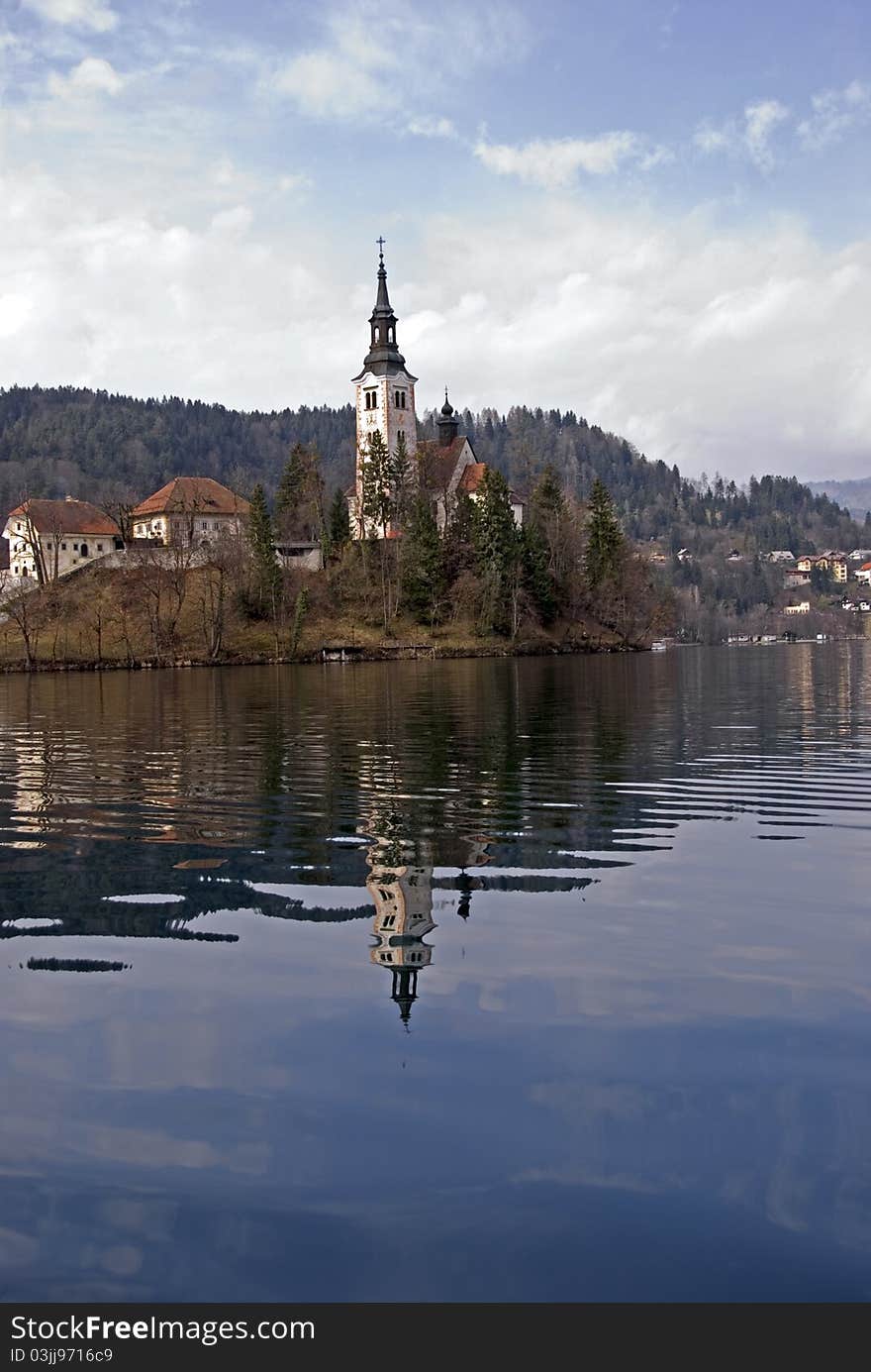 Church with his reflection in the water of lake of Bled. Church with his reflection in the water of lake of Bled