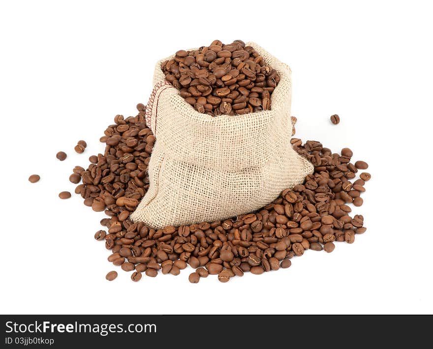 Coffee beans in canvas sack on white background