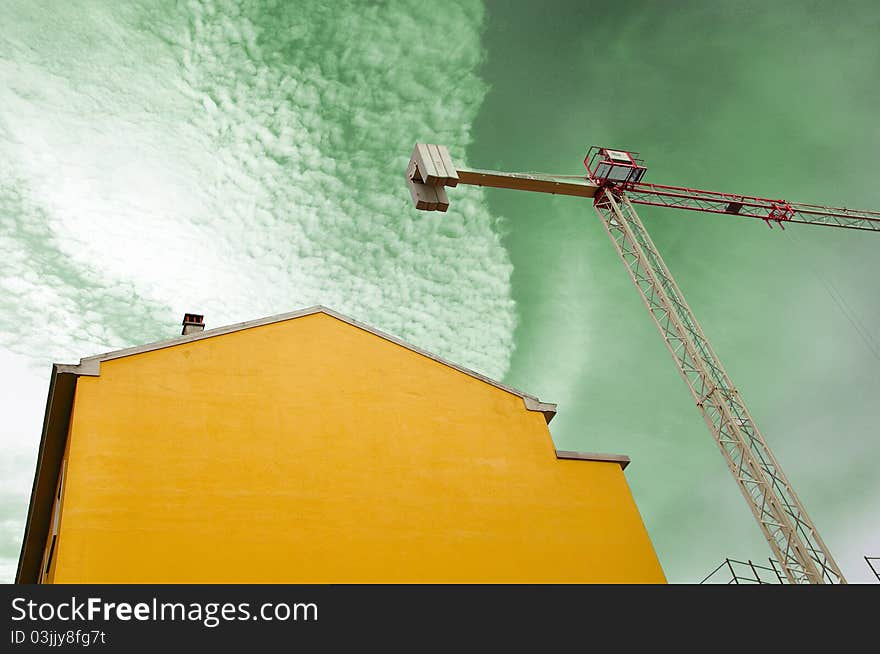 Modern building on clouds background. Modern building on clouds background.