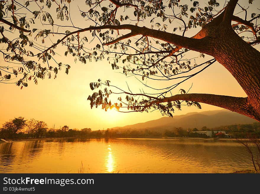 Sunset with tree river and mountain  in thailand