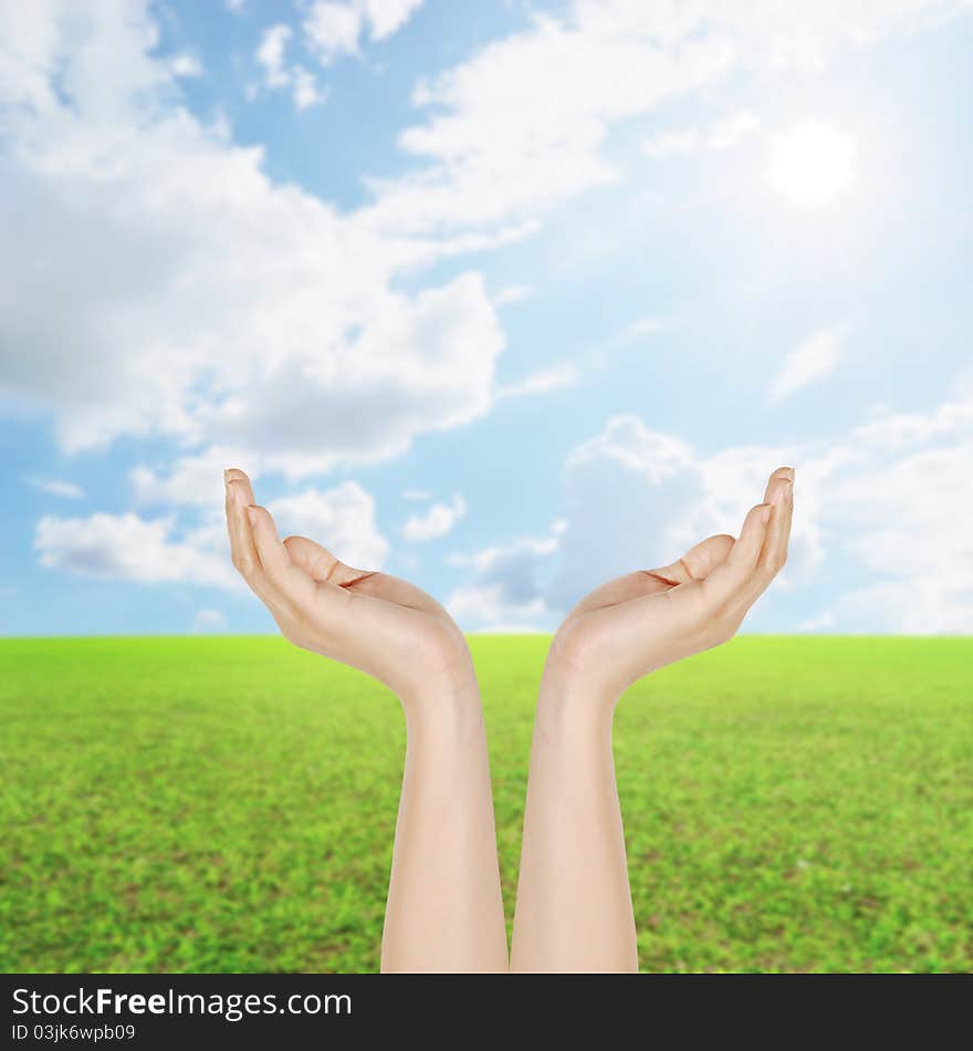 Hand and Grass fields and sun sky