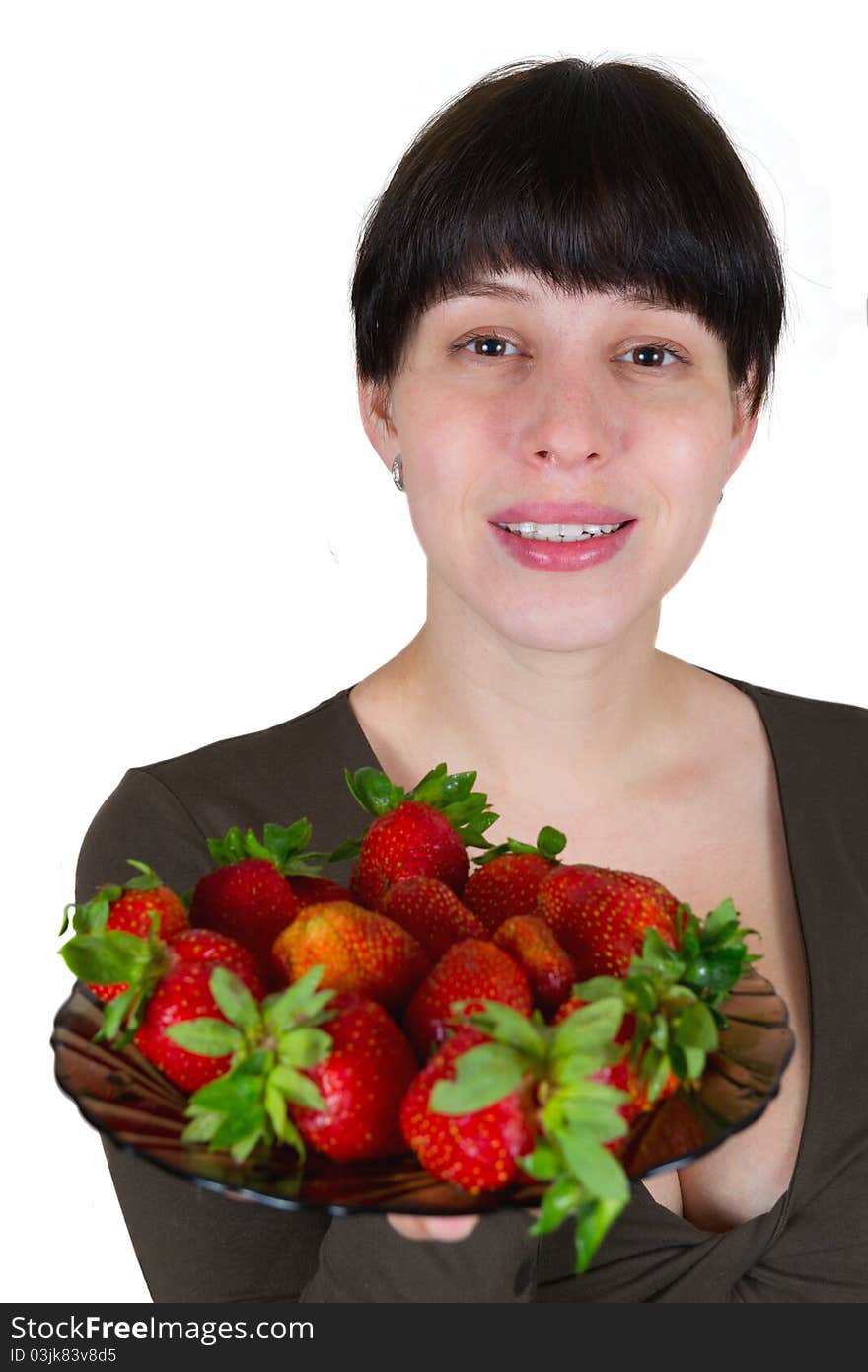 Young woman with a strawberry isolated