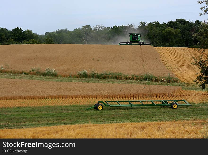 A combine harvests a field of wheat. A combine harvests a field of wheat.