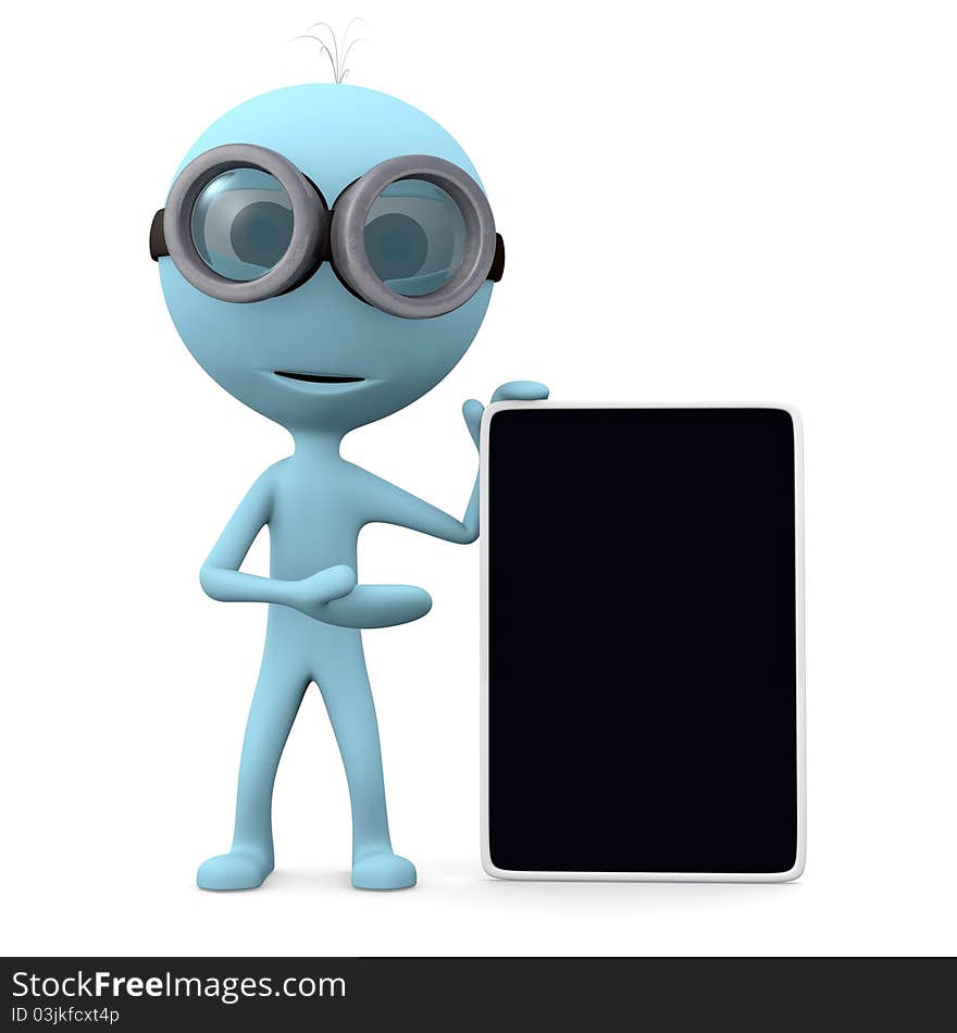 Blue man in eyeglasses hold black screen on white background. Blue man in eyeglasses hold black screen on white background