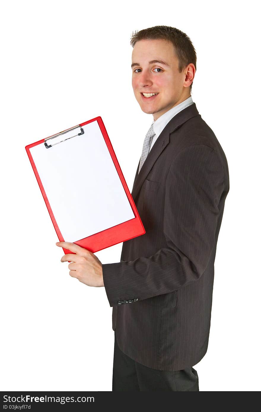 Businessman with clipboard isolated on white background