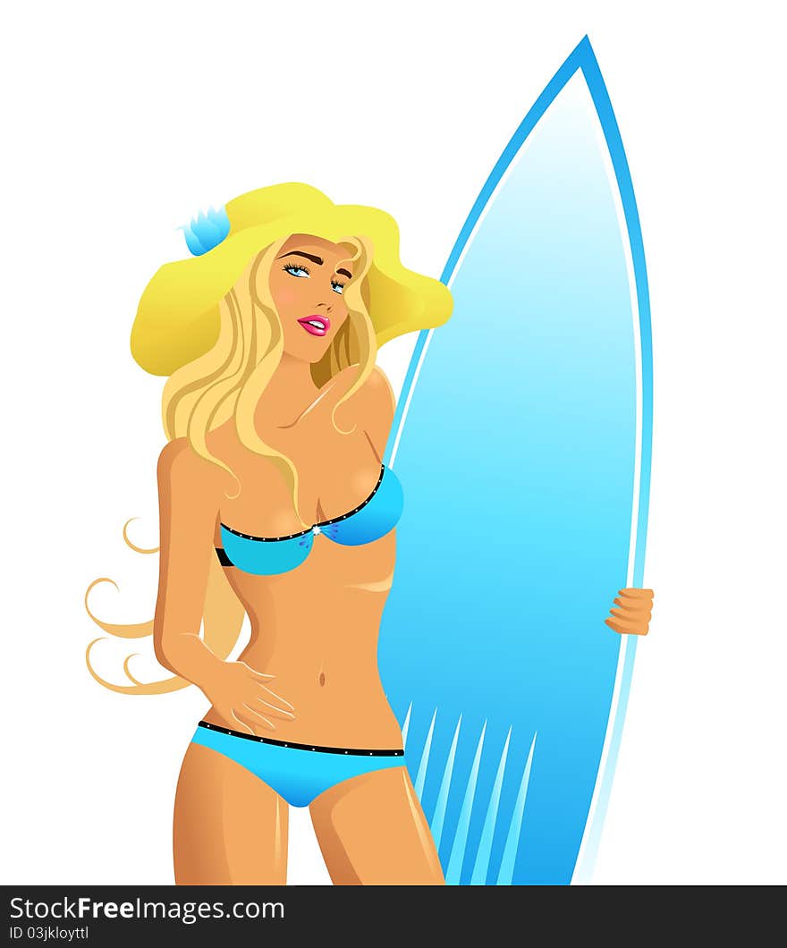 Beautiful girl in yellow hat holds a surfboard. Beautiful girl in yellow hat holds a surfboard