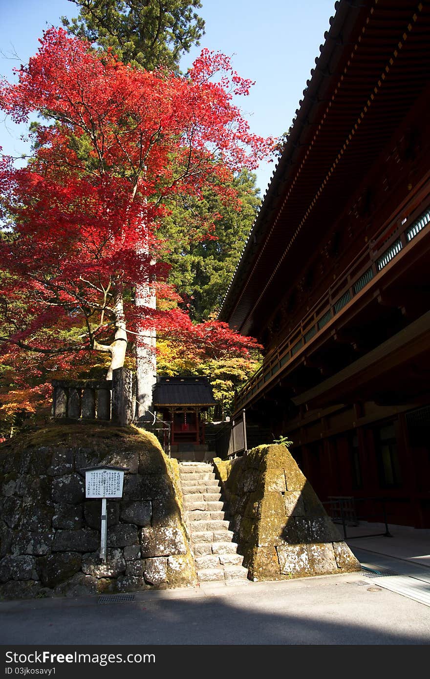 Mausoleums of the Tokugawa Shoguns in nikko at autumn with red leaves