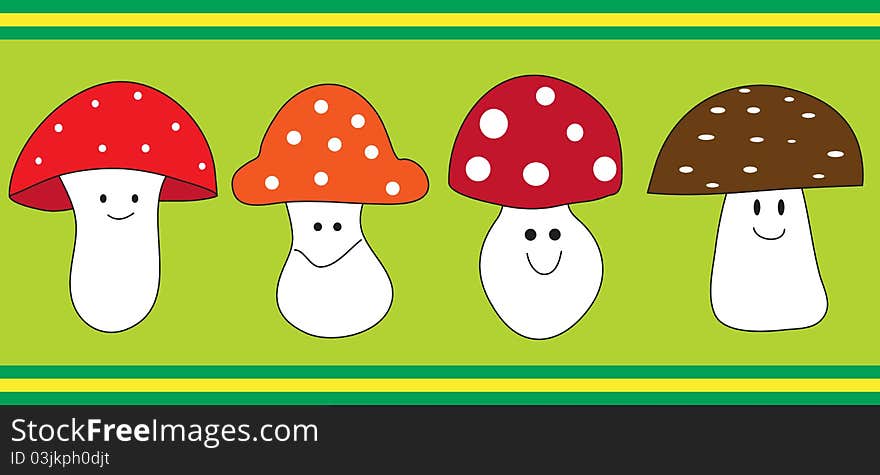 Four mushrooms with happy faces