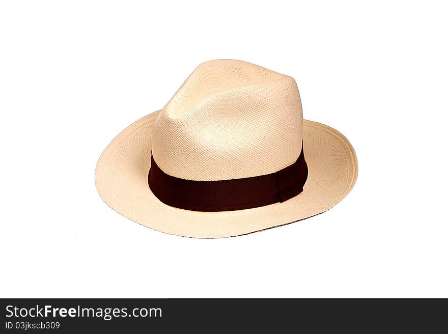 A white hat with brown strap