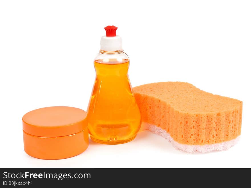 Toilet accessories of orange color. Isolated on white