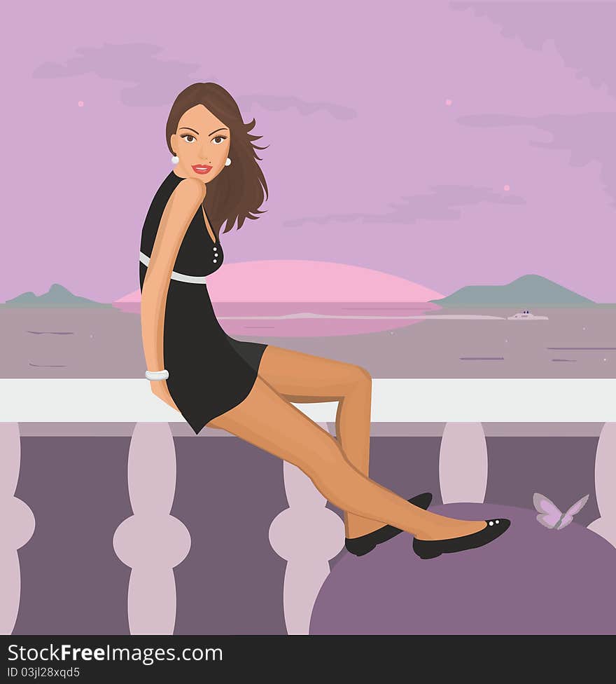 Illustration of a beautiful young woman, resting on the balcony of the hotel on the beach at sunset. Illustration of a beautiful young woman, resting on the balcony of the hotel on the beach at sunset.