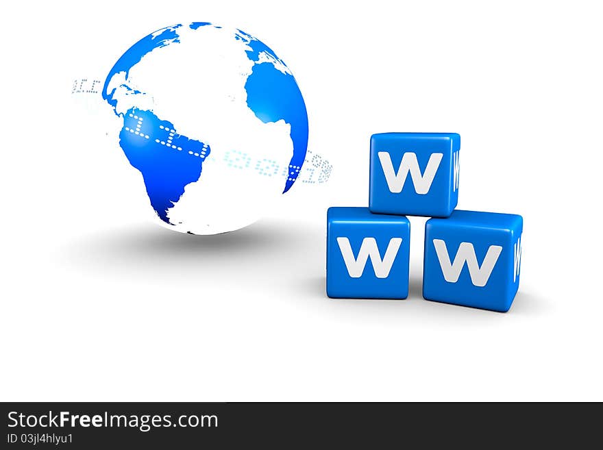 World globe and World Wide Web blue boxes. A 3D rendered concept. World globe and World Wide Web blue boxes. A 3D rendered concept.