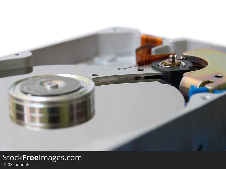 Close up of hard disk drive isolated on white