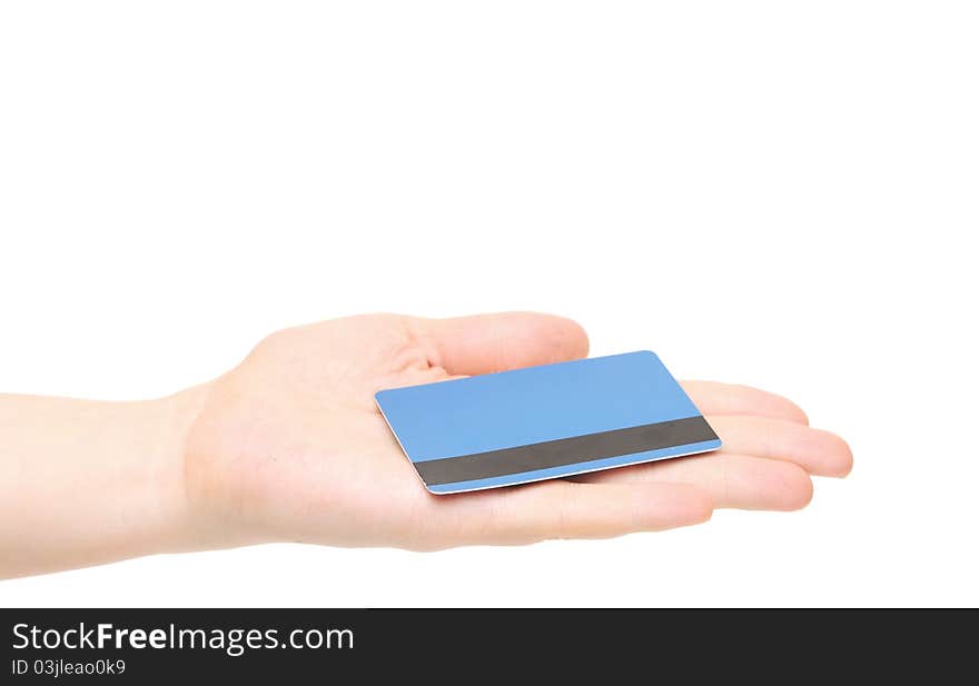 Empty credit card female hand holding on white