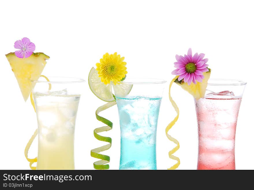 Cocktails variation with alcohol vodka, tequila sunrise in cocktail glasses isolated on a white background