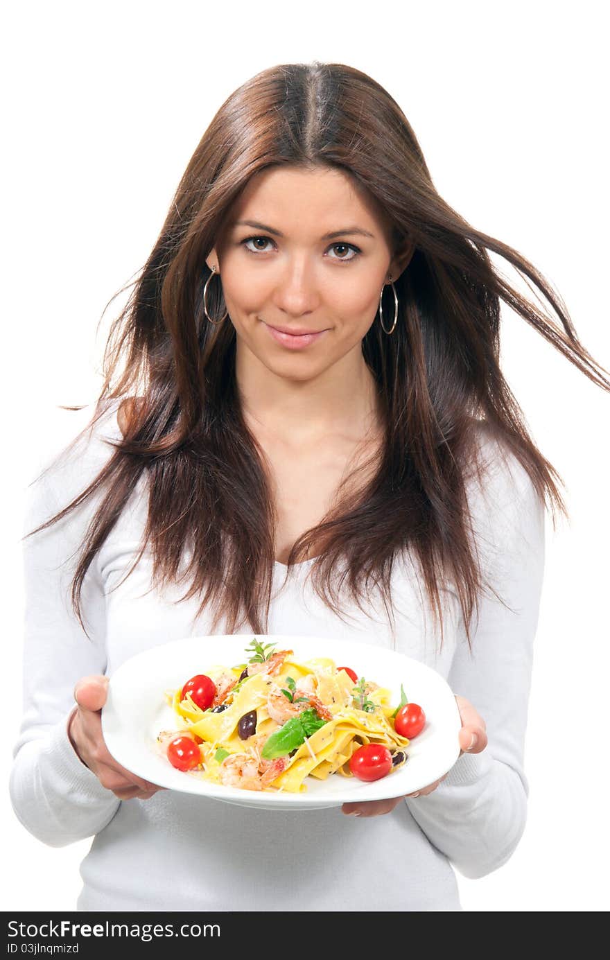 Waitress woman holding plate with macaroni, spaghetti pasta on a white background