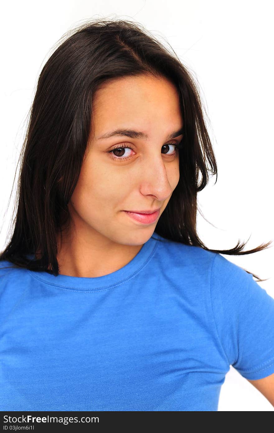 Young attractive woman on white background