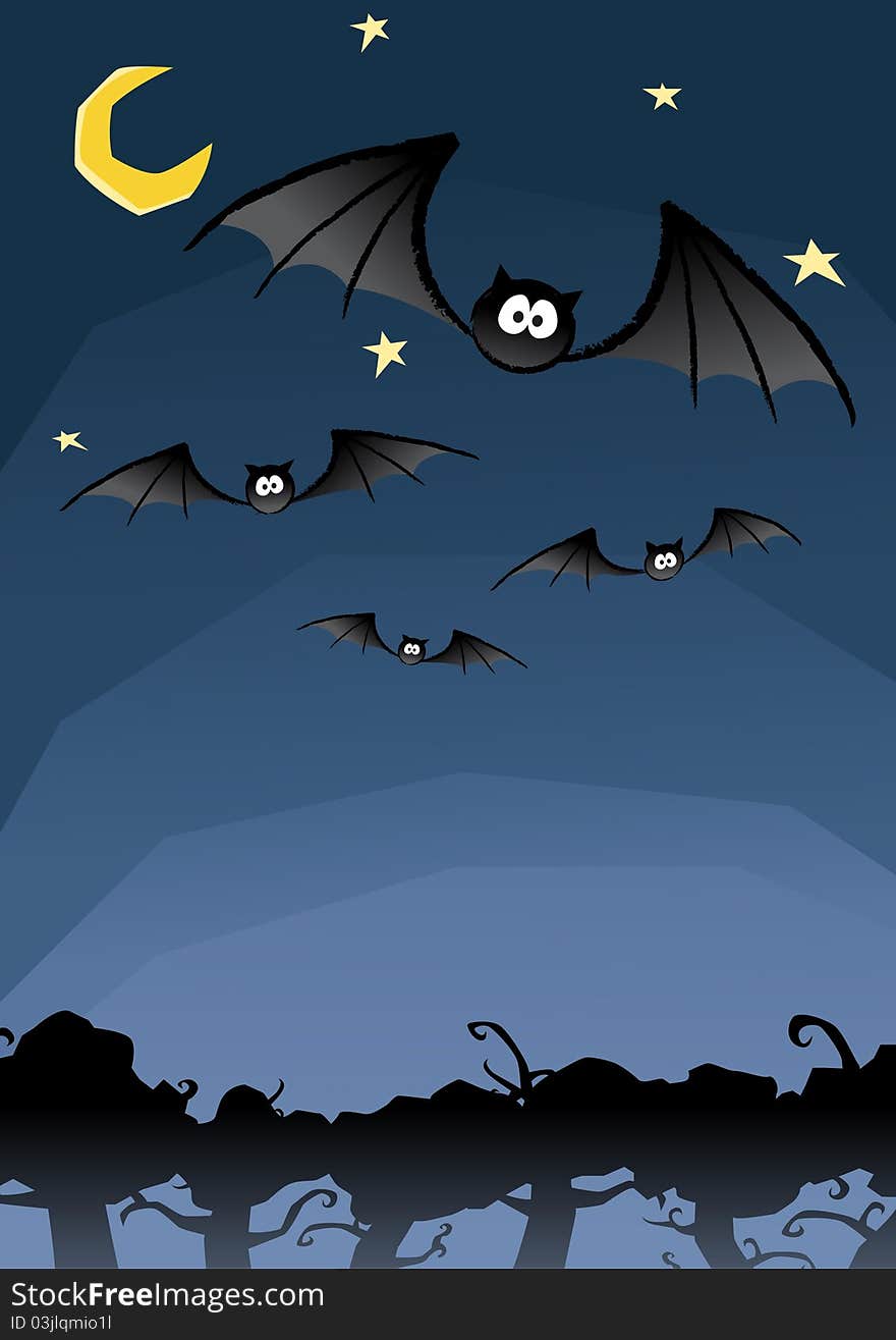 Vector of group of bats flying in the night sky with the tree and moon background. Vector of group of bats flying in the night sky with the tree and moon background