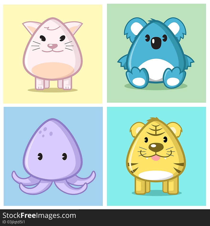 Image of animal (cat, koala, squid, tiger) in caricature cartoon style with soft and cute color on nice colored background. Image of animal (cat, koala, squid, tiger) in caricature cartoon style with soft and cute color on nice colored background