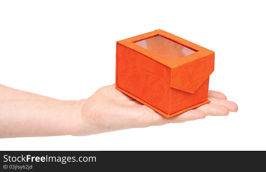 Empty red box in a hand on white background