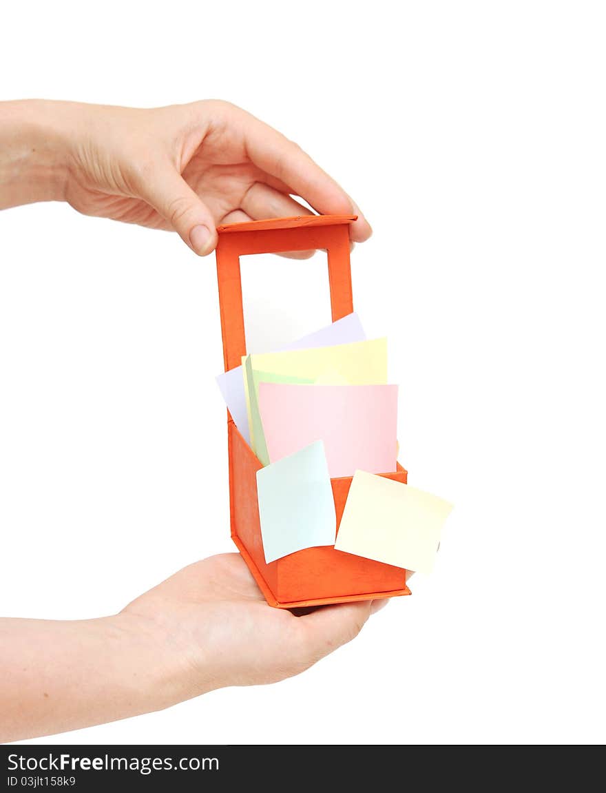 Red Box With Color Sticky Notes On Women Hand