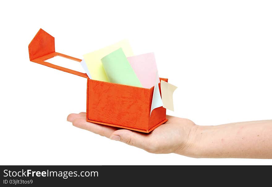 Red box with color sticky notes on women hand isolated on white