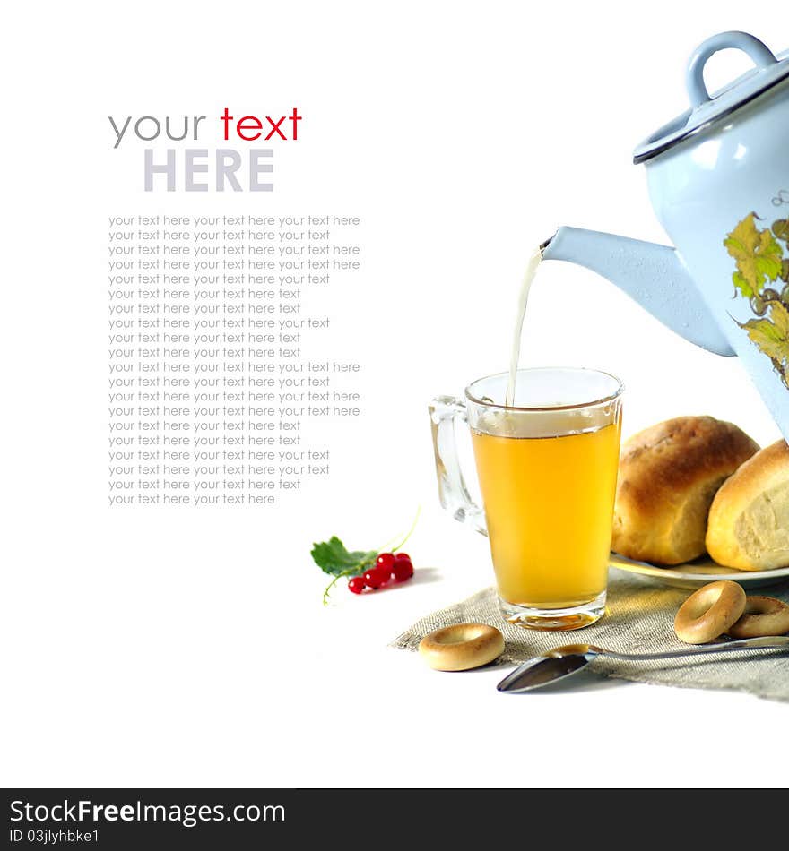 Bakery food, dessert, pour a drink, isolated on a white background