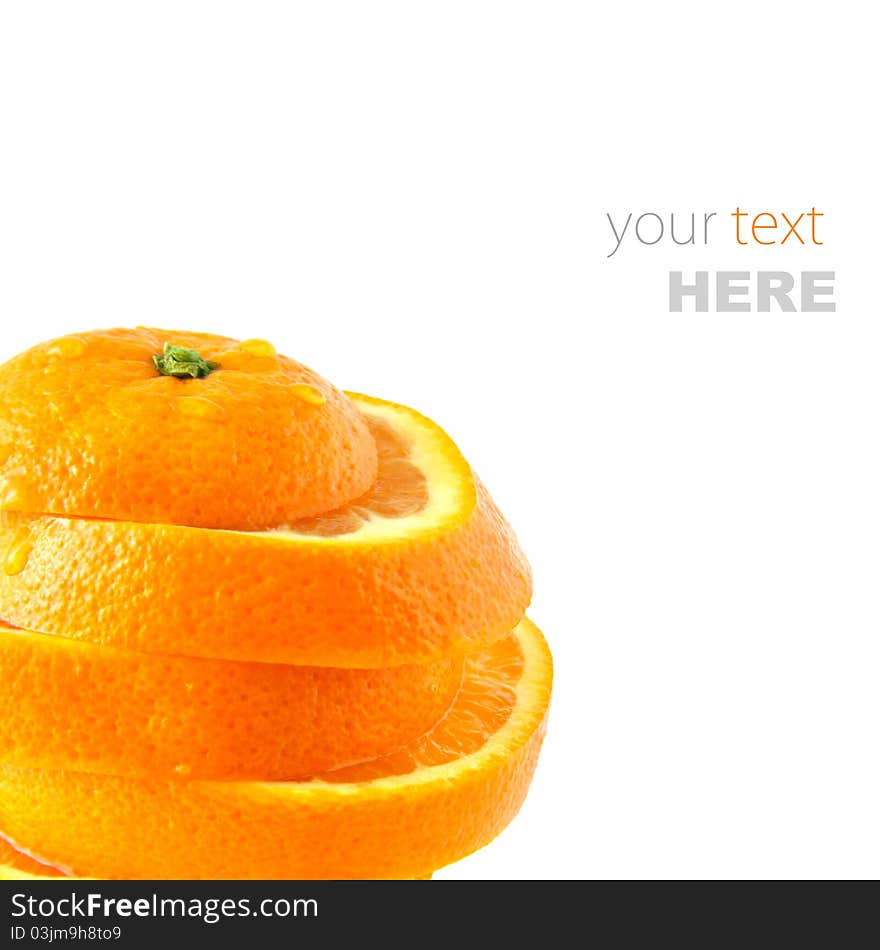 Juicy orange cut into slices on a white background