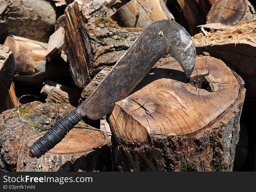 Homemade bill hook for cut small wood, old and used