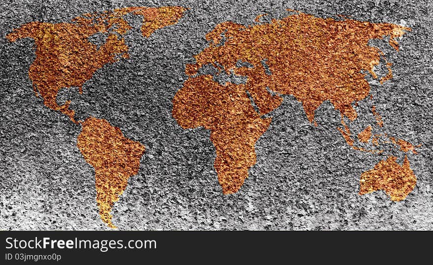 The world map formed by corrosion stains on metal