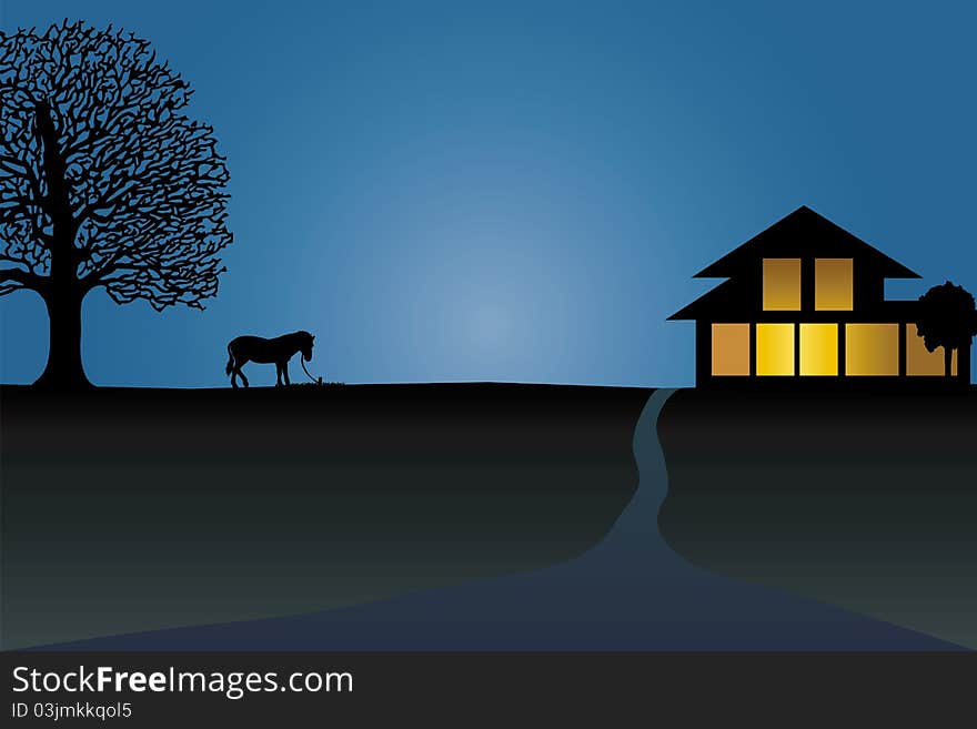 Silhouette of horse near the house