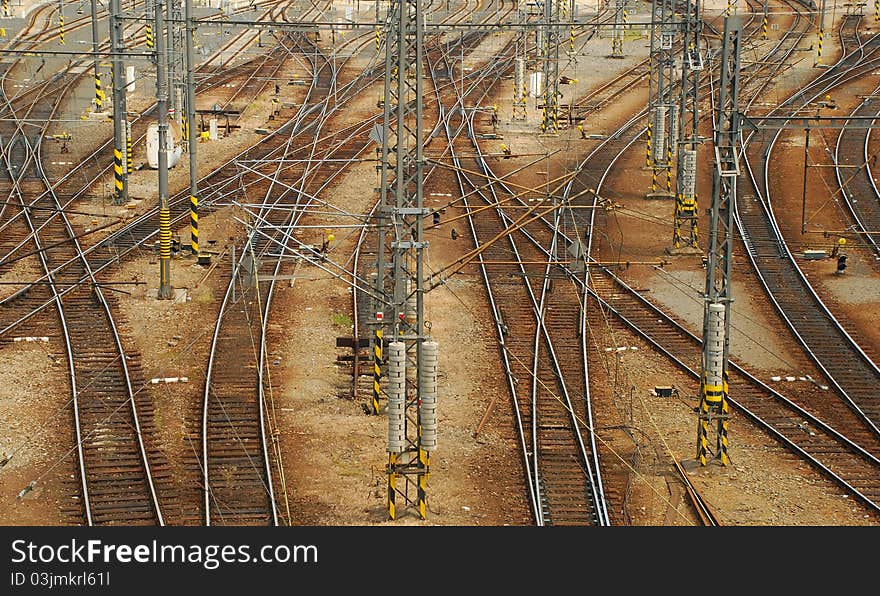 Electrified Railway tracks crossing by the Prague main train station. Electrified Railway tracks crossing by the Prague main train station.