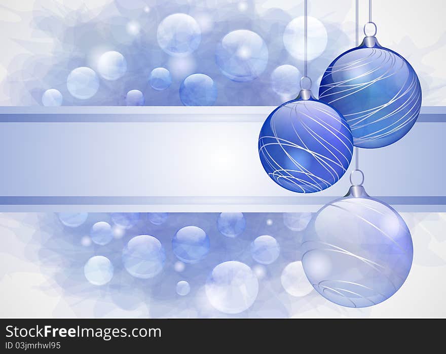 Blue Christmas background with balls, lights and copy space