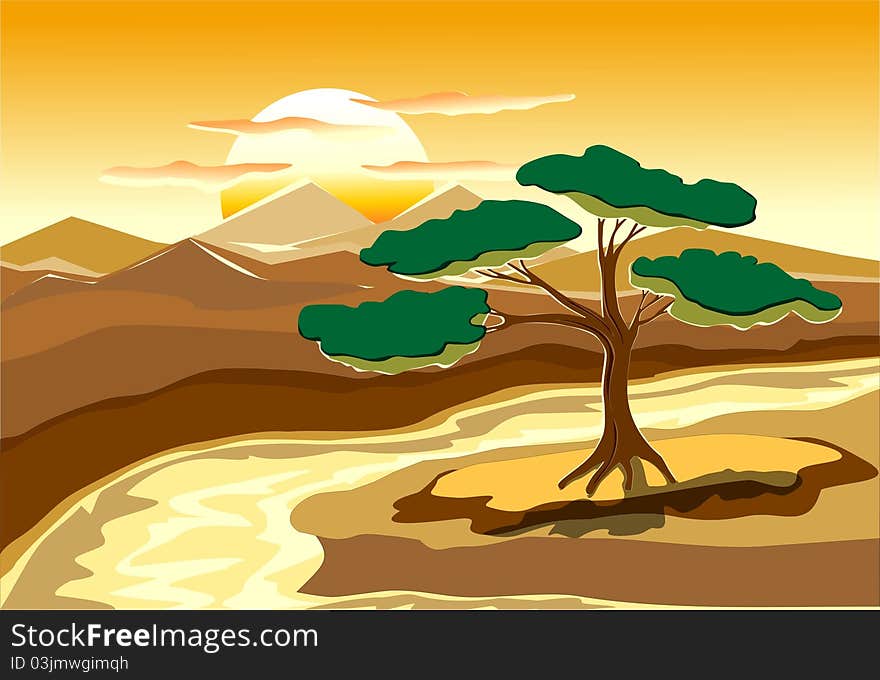 Landscape with tree, river, island, mounts, sun and clouds in decorate style. Landscape with tree, river, island, mounts, sun and clouds in decorate style