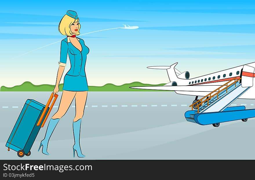 Beautiful stewardess with suitcase.illustration for a design