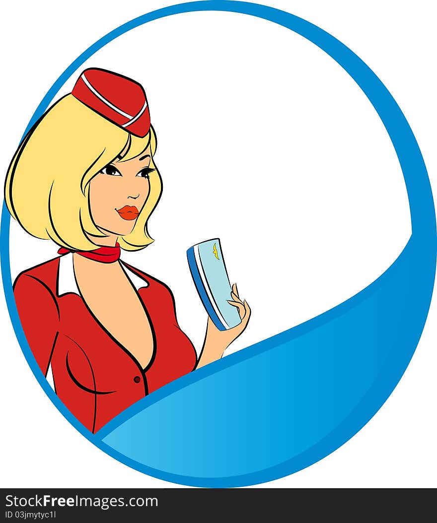 Beautiful stewardess with air ticket,illustration for a design. Beautiful stewardess with air ticket,illustration for a design