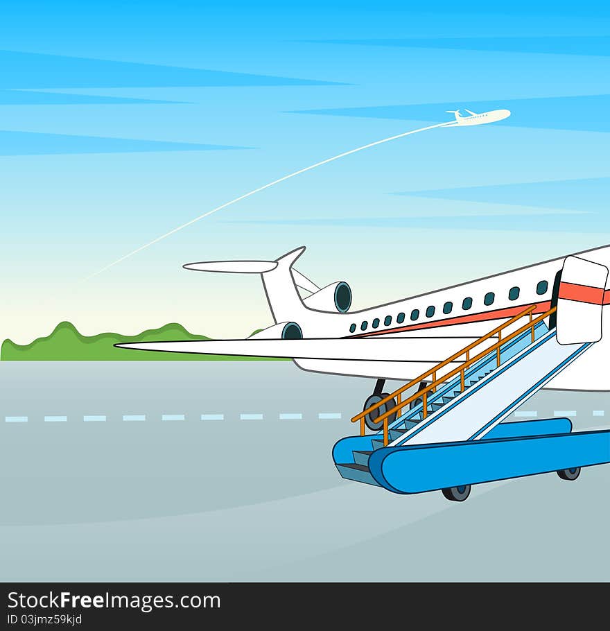 Airplane with a ladder on a flight bar.illustration for a design