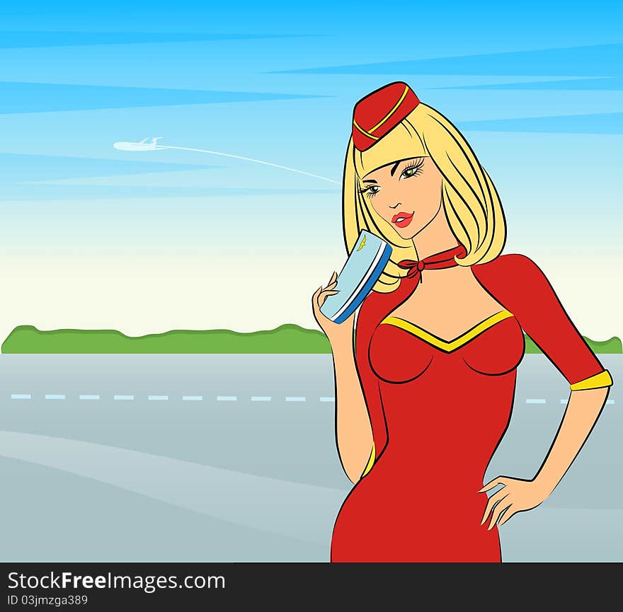 Beautiful stewardess with air ticket, illustration for a design. Beautiful stewardess with air ticket, illustration for a design