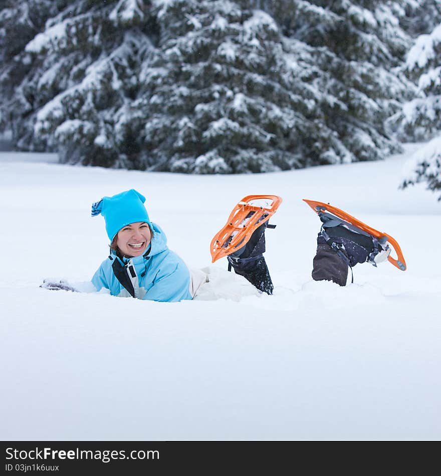 Portrait of the hiker lying in snow. Portrait of the hiker lying in snow